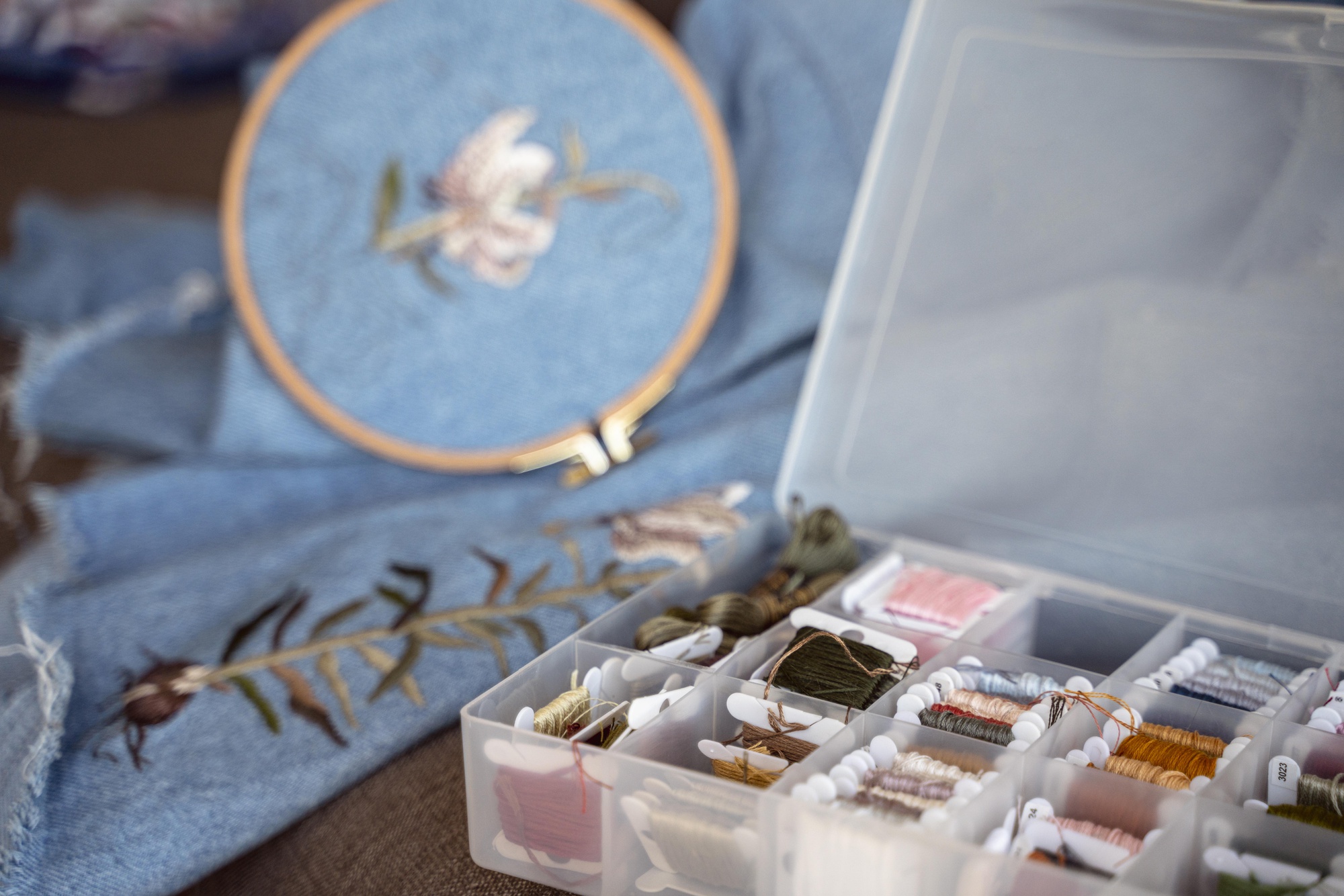 Small curated collection of embroidered accessories on a table